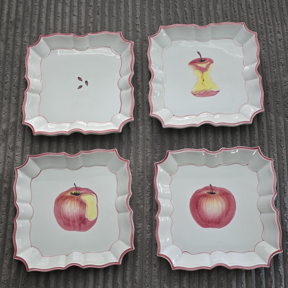 Vietri Hand-Painted Apple Square Dessert Plates with Pink Trim - Set of 4